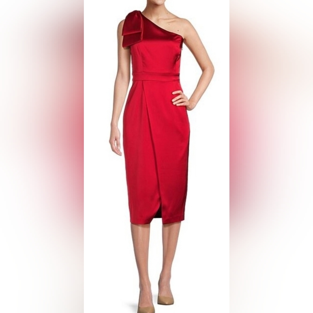 Alex Marie One Shoulder Bow Detail Satin Midi Dress:Color-Lipstick:Size- 14